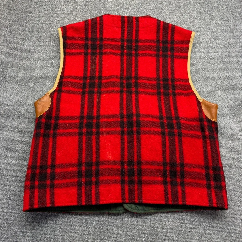Vintage Polo Ralph Lauren Mens XL Red Black Plaid Wool Hunting Vest Leather Trim